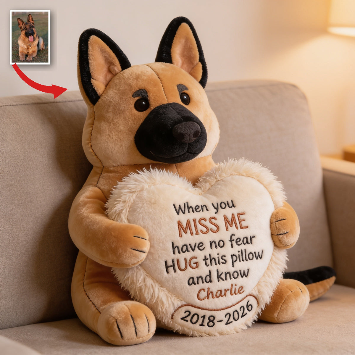 Personalized Adult Black and Tan German Shepherd Memorial Faux Fur Shaped Pillow