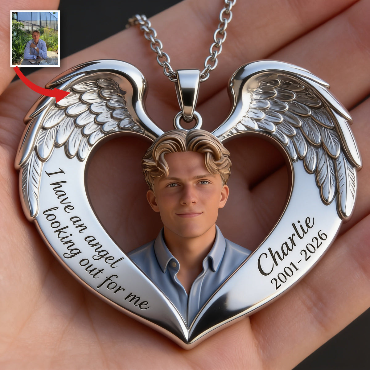Personalized Memorial Man Angel Wing Heart Pendant Necklace