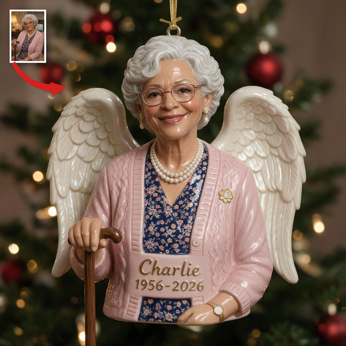 Personalized Christmas Older Black Woman Grandma Memorial 3D Ornament