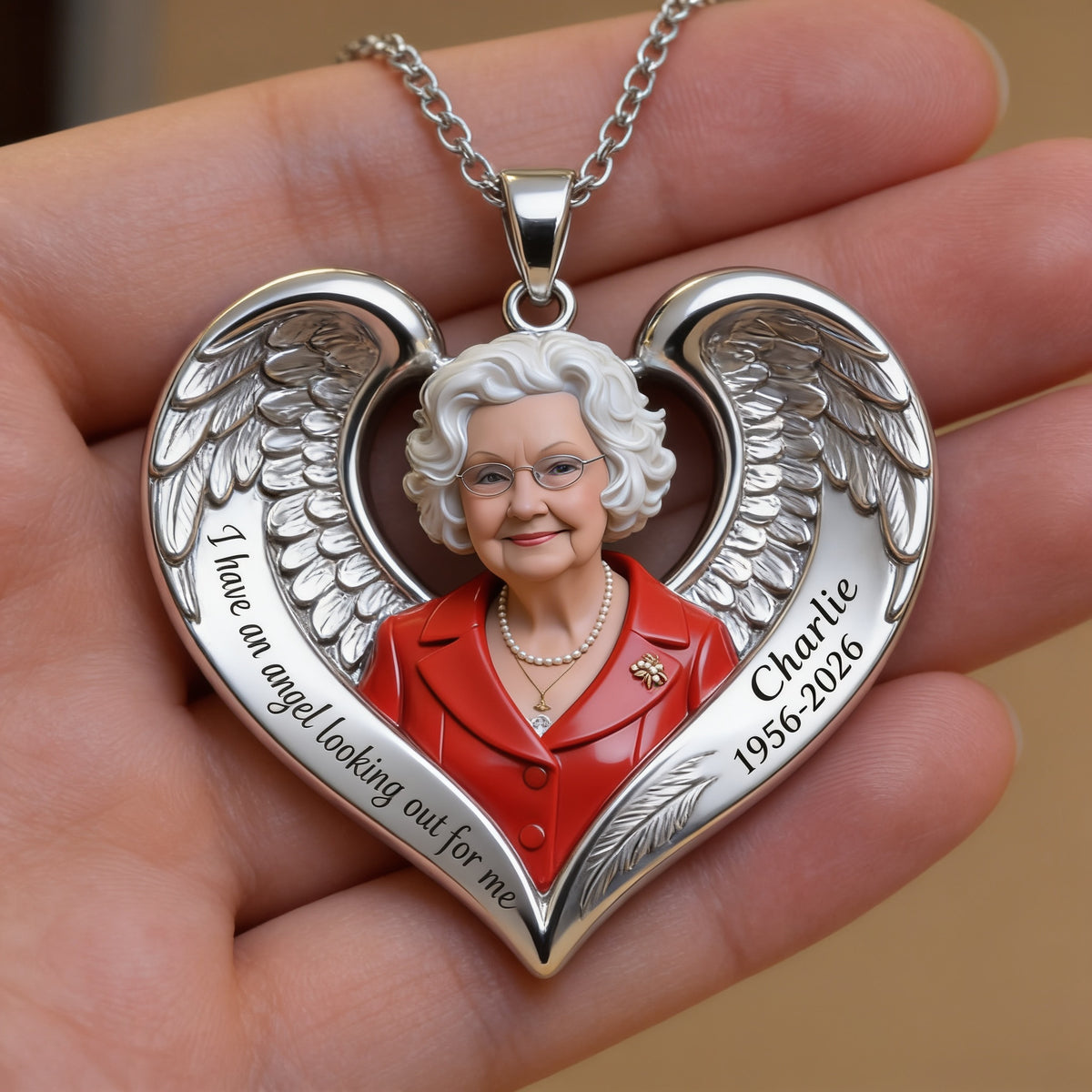 Personalized Older Woman Grandma Memorial Heart Pendant Necklace