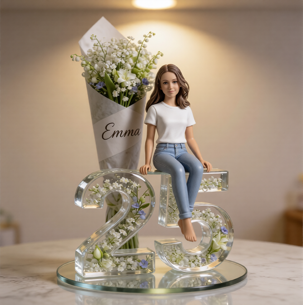 Geschenk für sie – Blumenstrauß und Zahl – Personalisierte Geburtstagsplakette aus Acryl in individueller Form