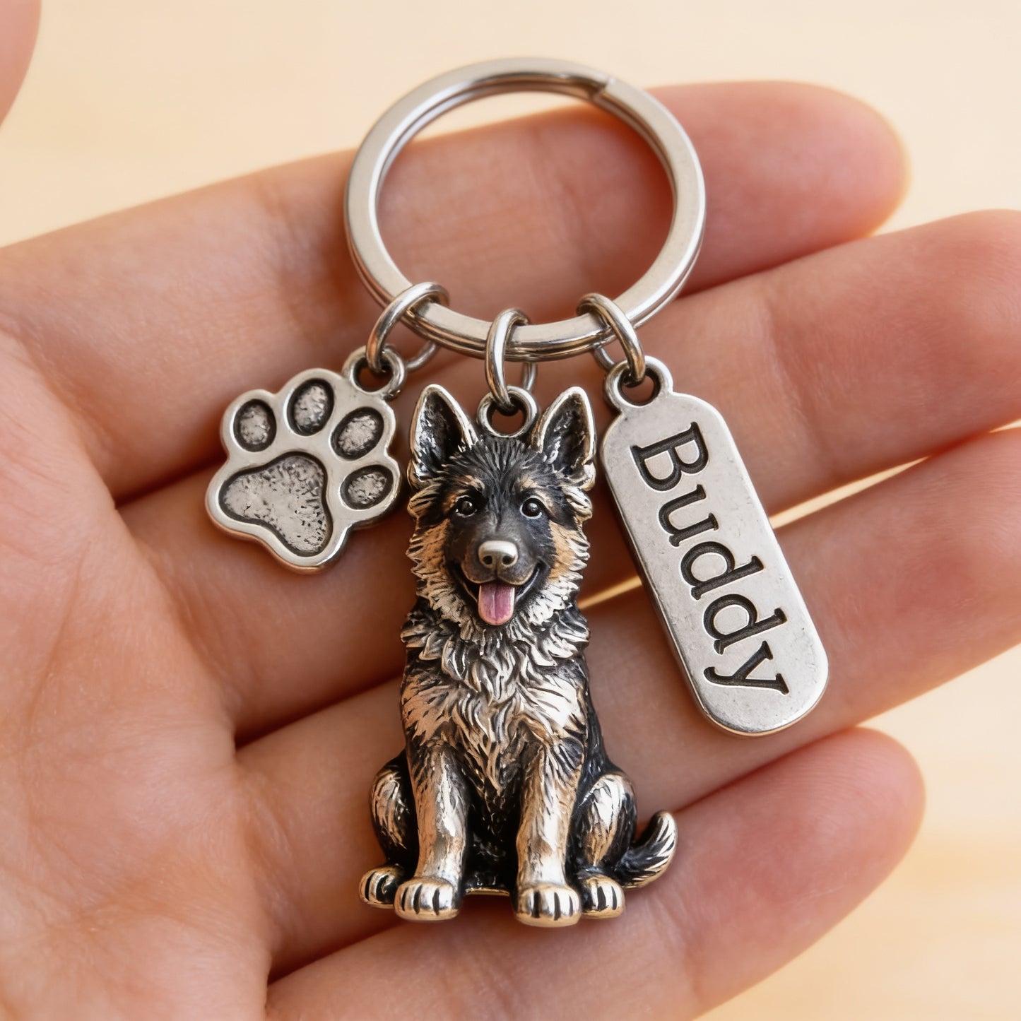 Personalized German Shepherd Dog Keychain with Charm, Custom Name German Shepherd Dog Paw Keyring, Pet Gift