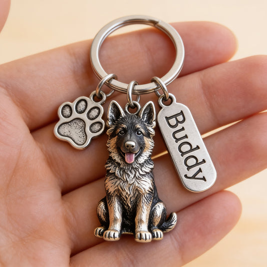 Personalized German Shepherd Dog Keychain with Charm, Custom Name German Shepherd Dog Paw Keyring, Pet Gift