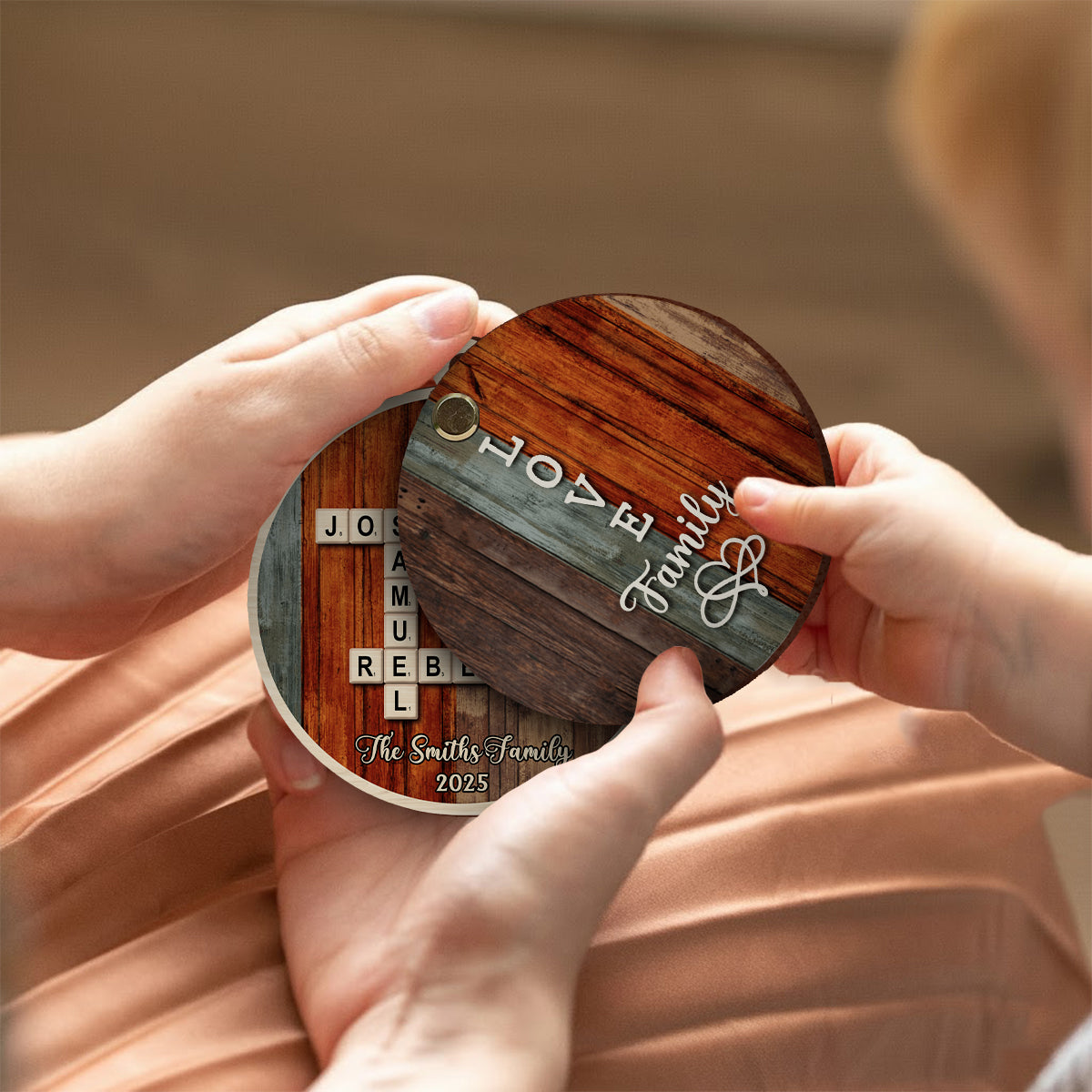 Love Family Crossword Scrabble Puzzle - Personalized Family Flip Ornament