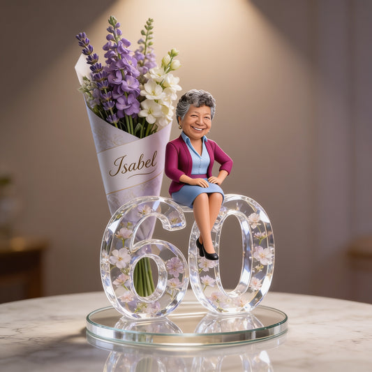 Custom Older Latina Woman Birthday Desk Sign - Personalized Abuela Figurine, Luxury Acrylic Floral Number Keepsake Gift