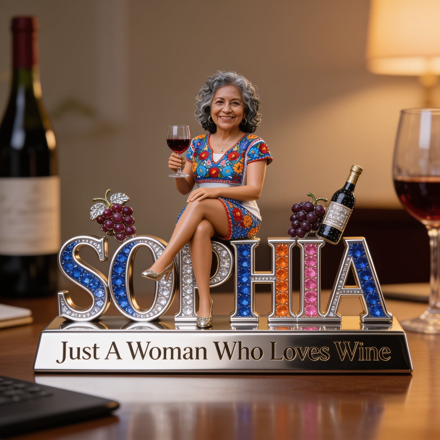 Personalized Old Latin Woman Wine Lover Custom Shaped Acrylic Plaque, Custom Name Older Latin Senior Desk Sign, Gift for Her
