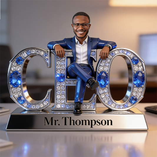 Custom Black Male CEO Figurine Gift - Personalized Executive Desk Nameplate, Boss Office Decor Acrylic Plaque, Corporate Gift