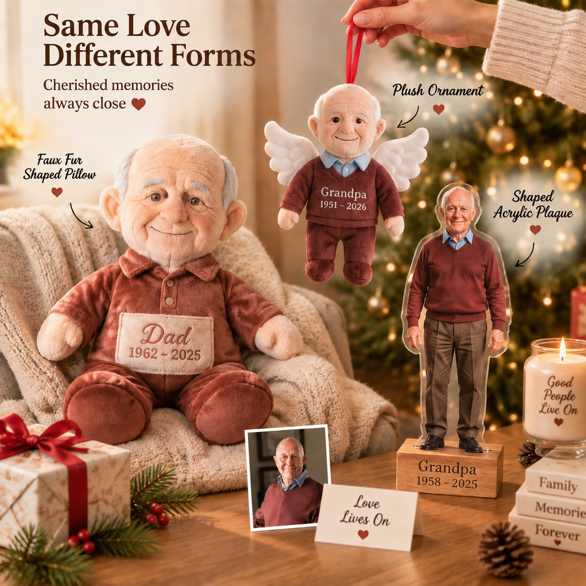 Gedenkgeschenkset - Personalisierter Fellkissen & Plüschornament & Plakette
