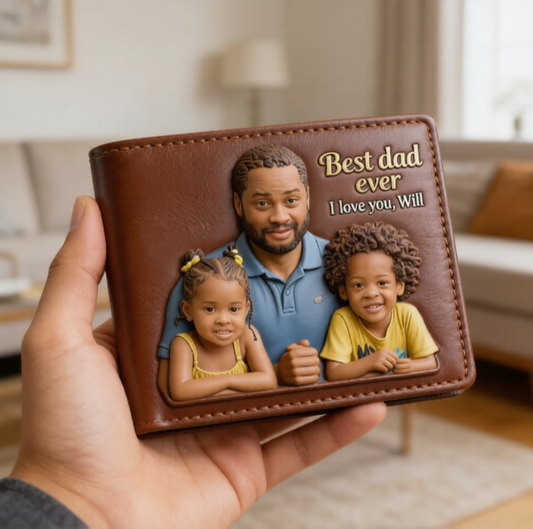 Custom 3D Photo Embossed Leather Wallet for Black Dad- Personalized Best Dad Ever Bi-fold Wallet, Custom Father's Day Gift