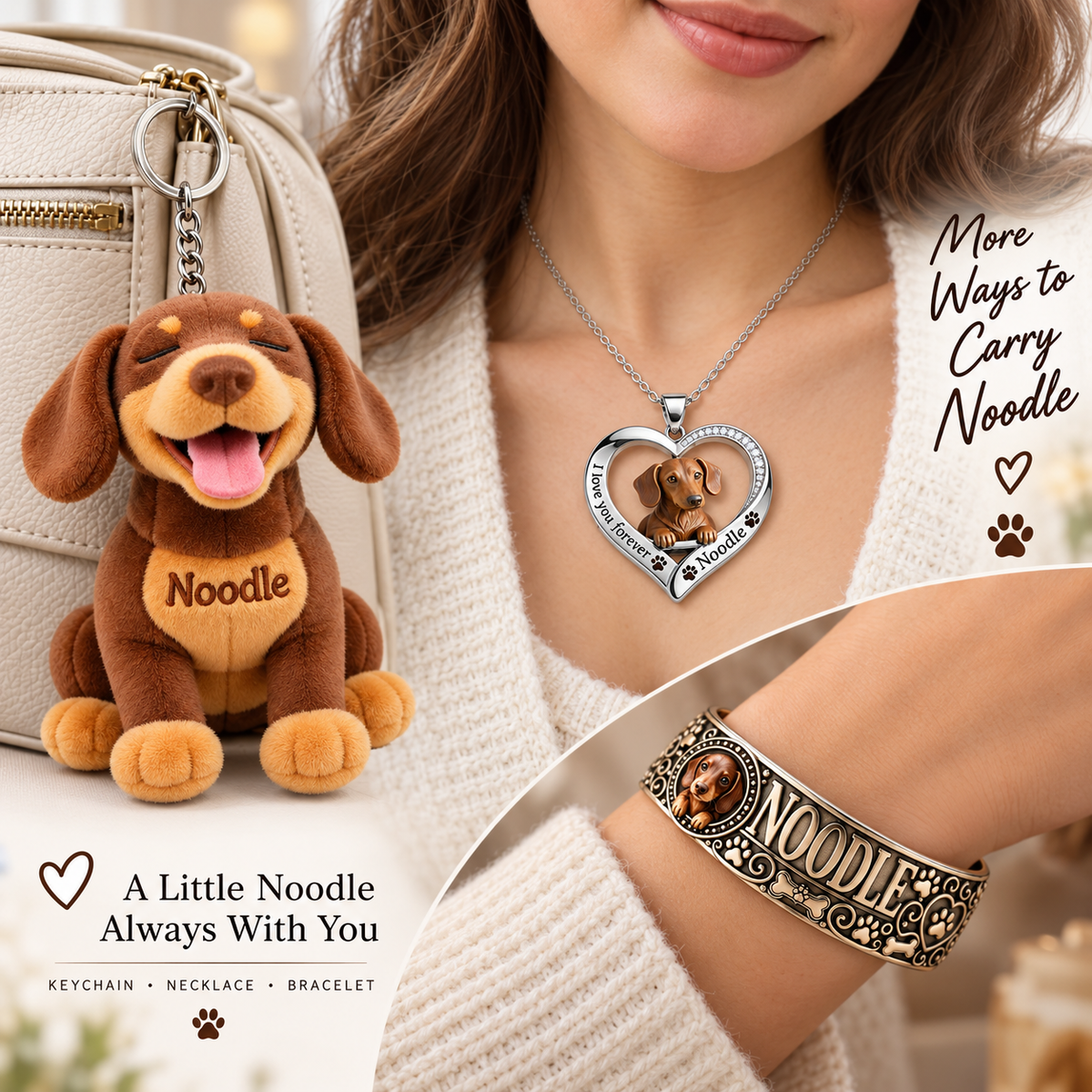 Le Coffret Cadeau Fou des Chiens - Bracelet en Cuir Personnalisé & Collier Pendentif & Porte-Clés Peluche