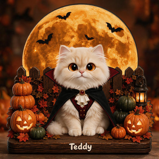 Plaque en Bois Personnalisée à 2 Couches pour Halloween - Chat Vampire Effrayant avec Citrouilles, Cadeau Personnalisé pour Amateurs de Chats