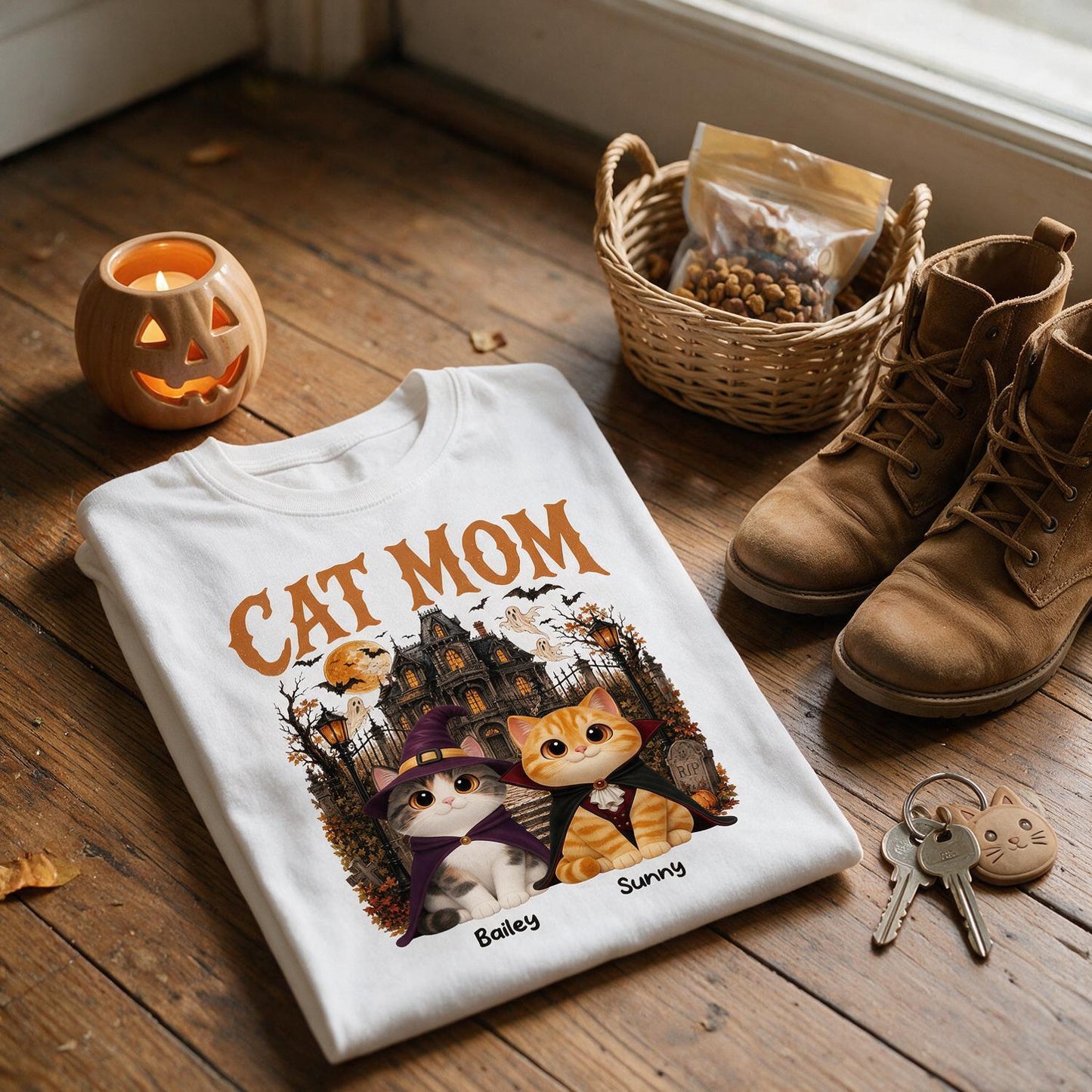Personalized Cat Mom Halloween Shirt - Retro Haunted House Costume Cats Custom Name Gift For Cat Lovers