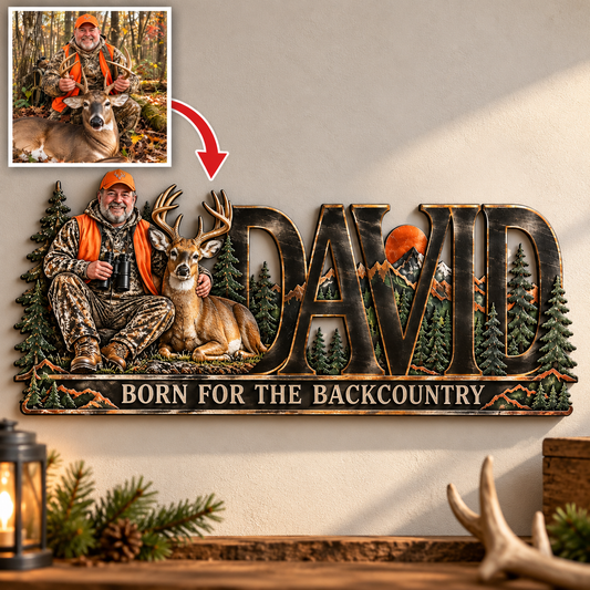 Personalized Hunting Metal Sign - Custom Photo and Name Wall Art with Forest and Mountain Design