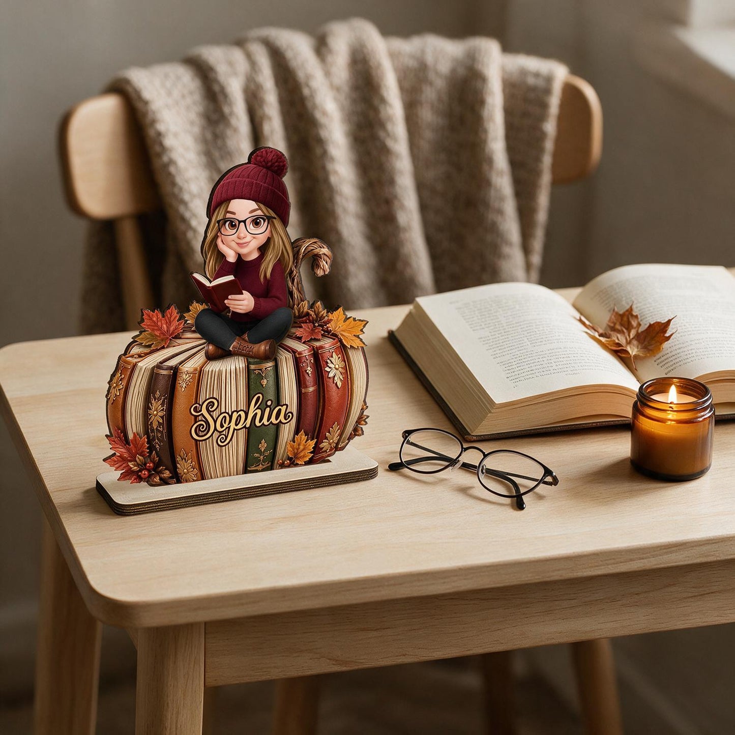 Personalized Fall Girl Reading Pumpkin Books 2-Layer Wooden Plaque - Book Lover Daughter Autumn Gift Home Decor