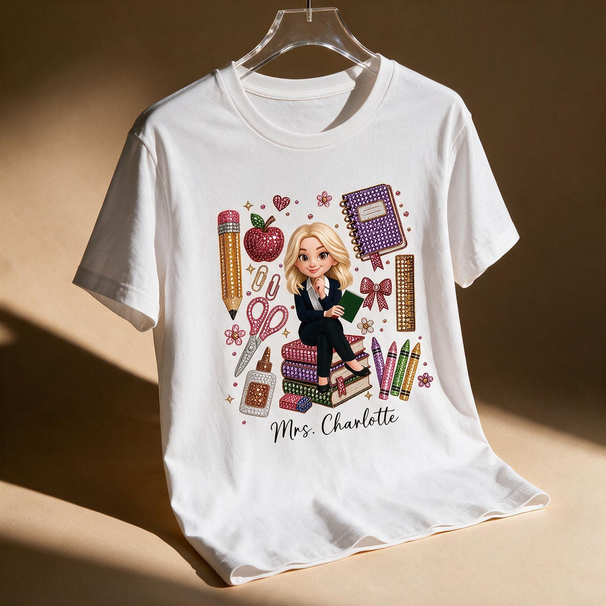 Personalized Blonde Teacher Faux Rhinestone School Supplies Shirt – Custom Name Back To School Gift For Teacher