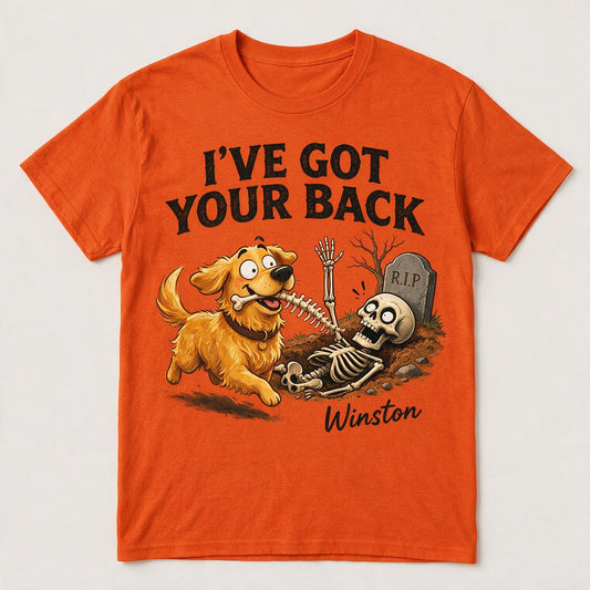Personalisierte Halloween Golden Retriever Lustiges Hund T-Shirt, Ich habe deinen Rücken Skelett Geschenk für Hundeliebhaber
