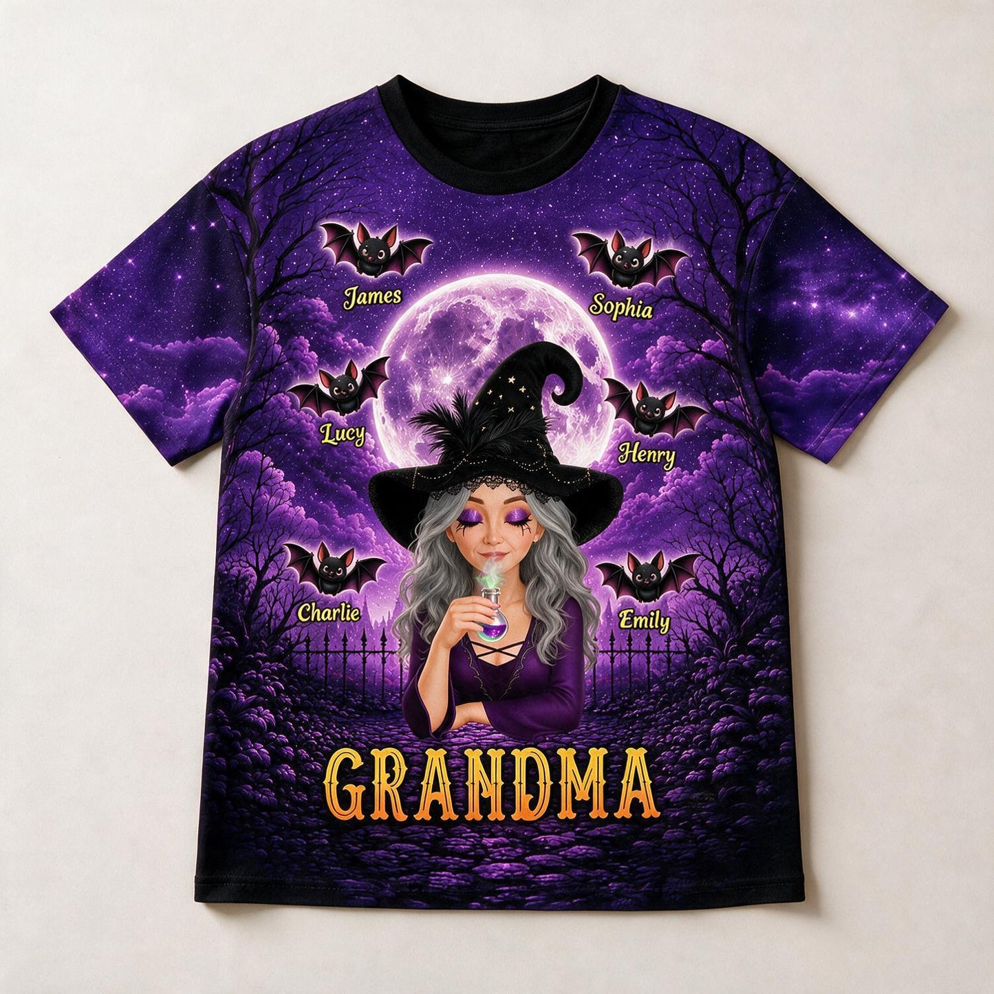 Personalized Grandma Witch Halloween Shirt with Custom Grandkids Names on Bats - Spooky Family Gift for Grandma
