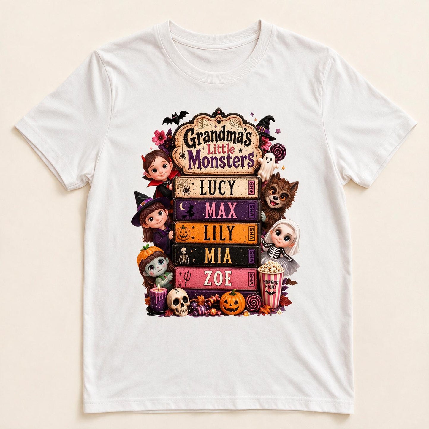 Grandma's Little Monsters Retro Halloween VHS Shirt - Personalized Halloween Gift for Grandma with Custom Grandkids Names