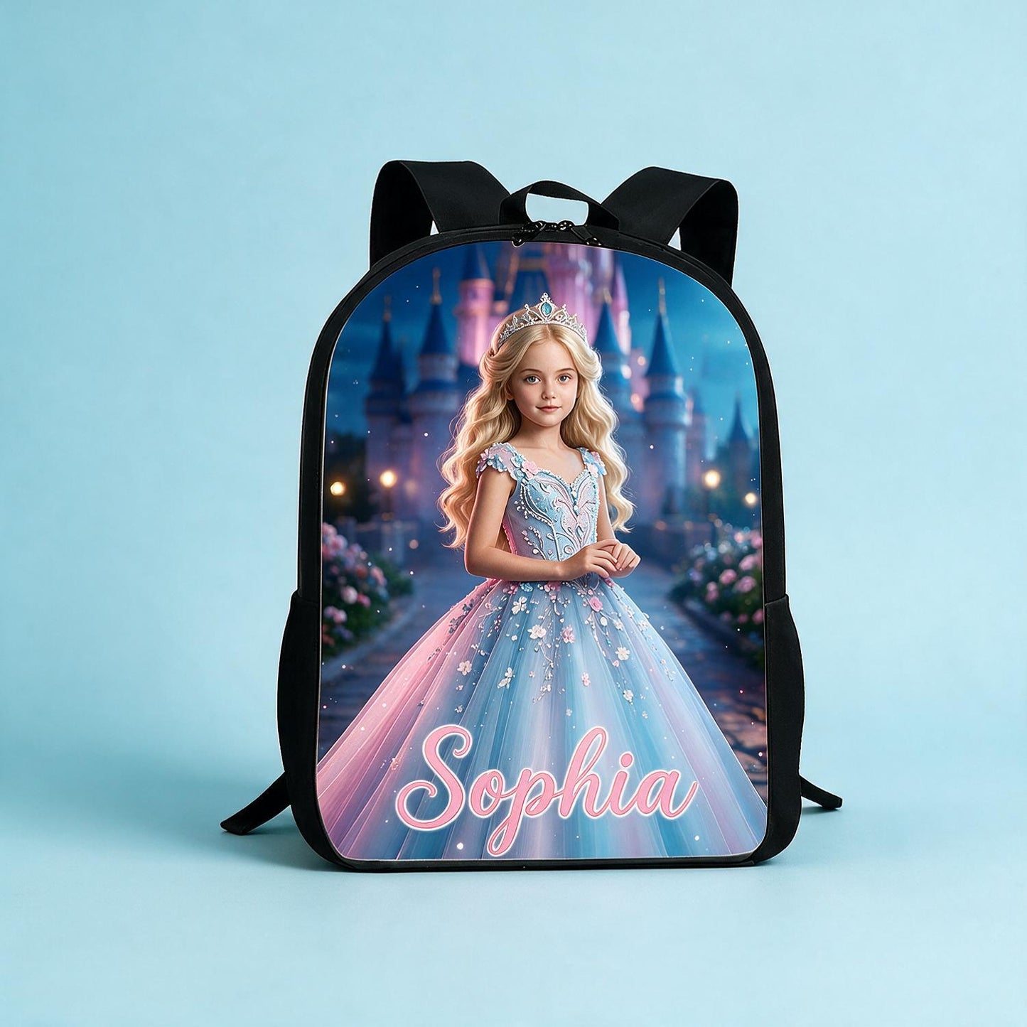 Personalized Princess Backpack - Blonde Princess Blue Pink Gown Castle - Custom Name Back to School Gift for Girls