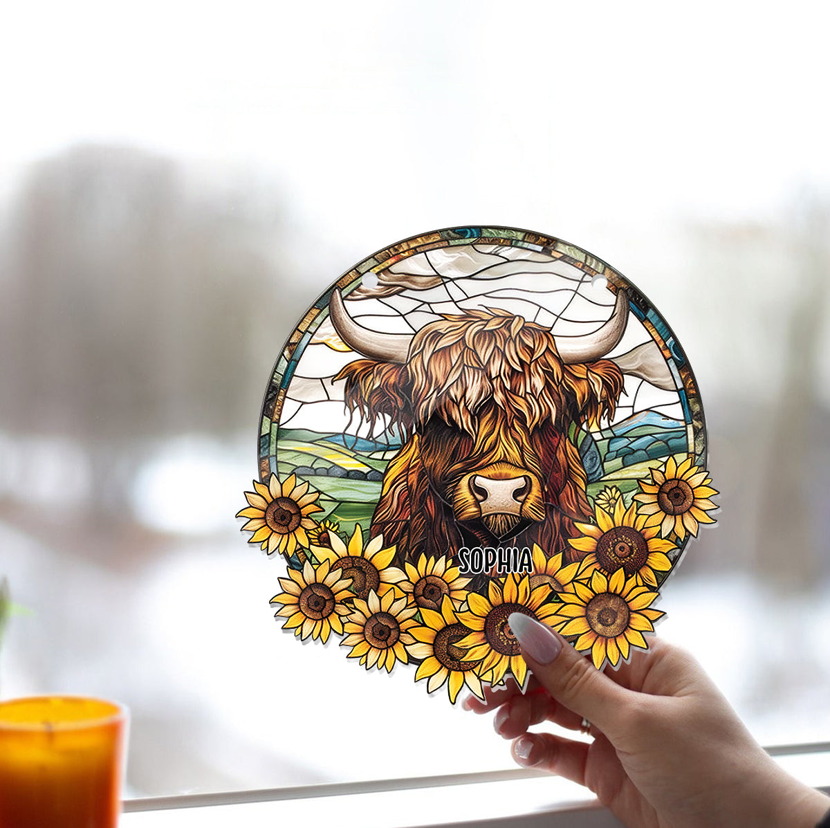 Babykuh-Sonnenblume – Personalisierter Fensterhänger-Sonnenfänger