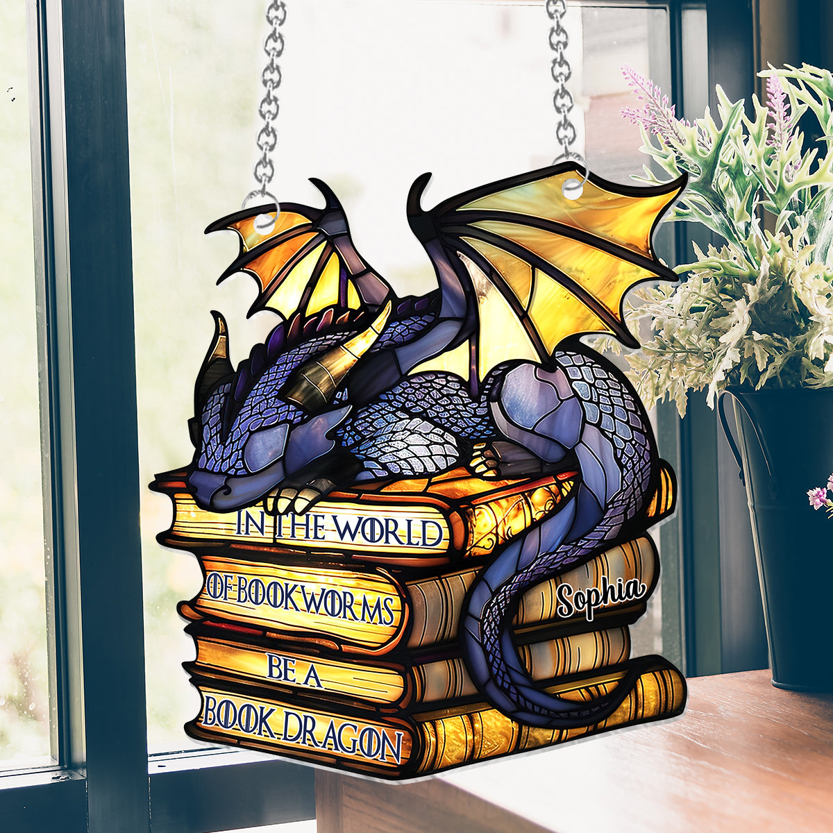 In The World Of Bookworms Be A Book Dragon - Personalized Book Window Hanging Suncatcher Ornament