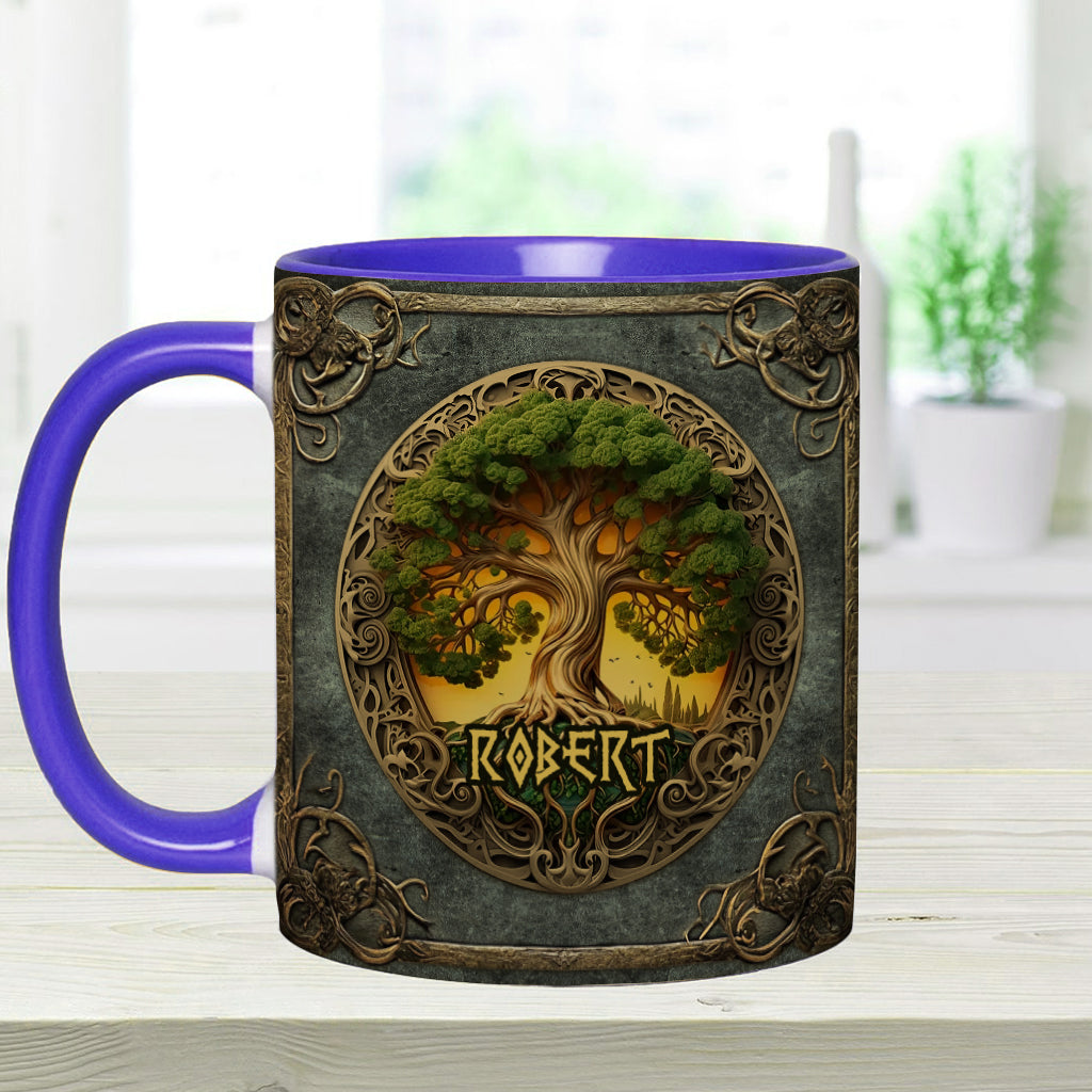 Lebensbaum-Motiv, skandinavische Mythologie, rustikaler Stil – personalisierte Tasse mit irischem Akzent