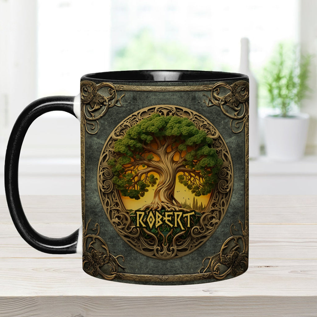 Lebensbaum-Motiv, skandinavische Mythologie, rustikaler Stil – personalisierte Tasse mit irischem Akzent
