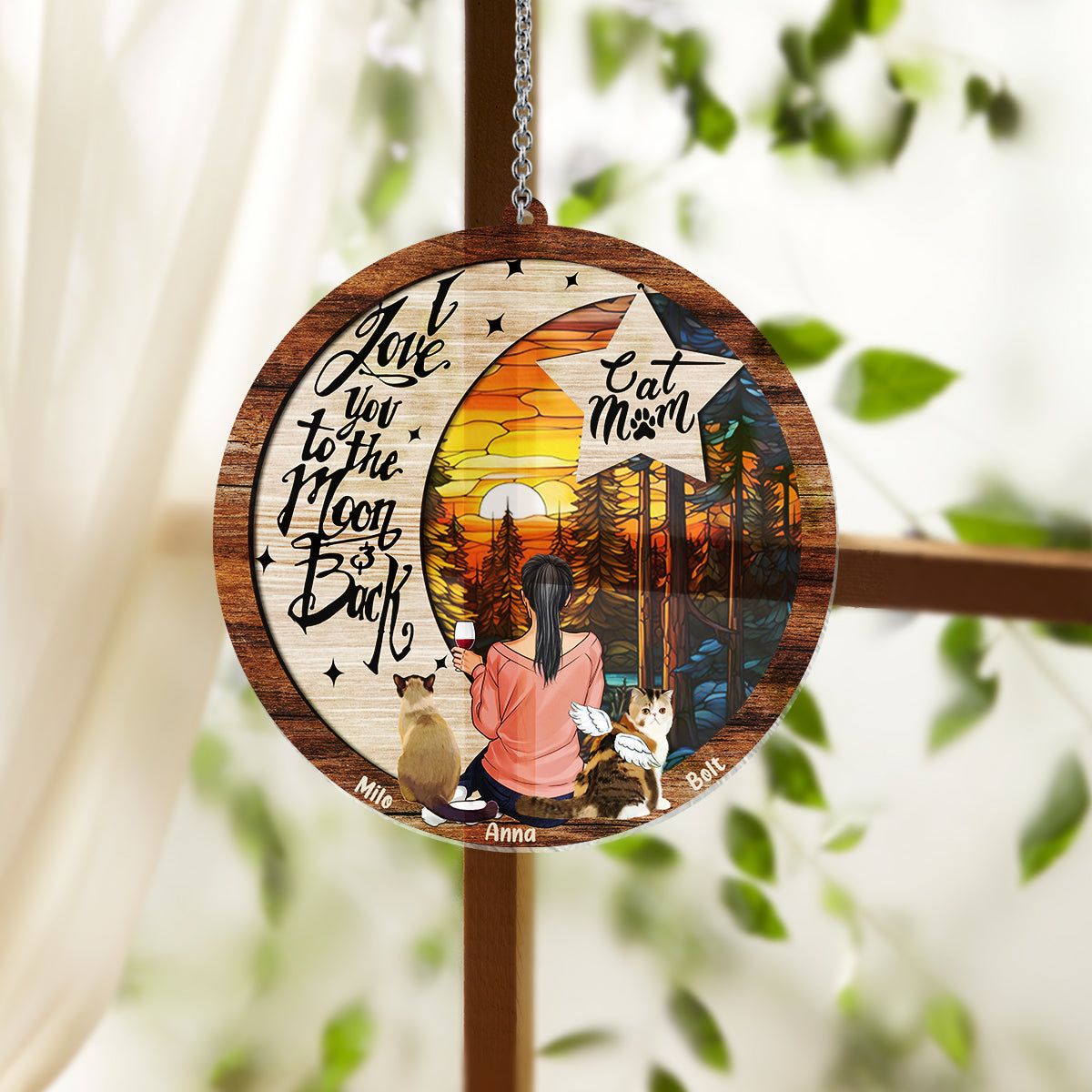 Je t'aime jusqu'à la lune et retour - Cadeau pour les amoureux des chiens et des chats, ou pour ceux qui ont perdu leur animal - Attrape-soleil personnalisé à suspendre à la fenêtre 