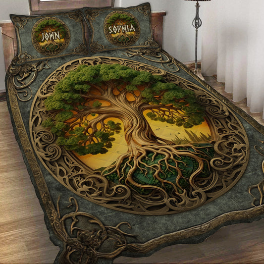 Lebensbaum, skandinavische Mythologie, rustikaler Stil – personalisiertes irisches Quilt-Set