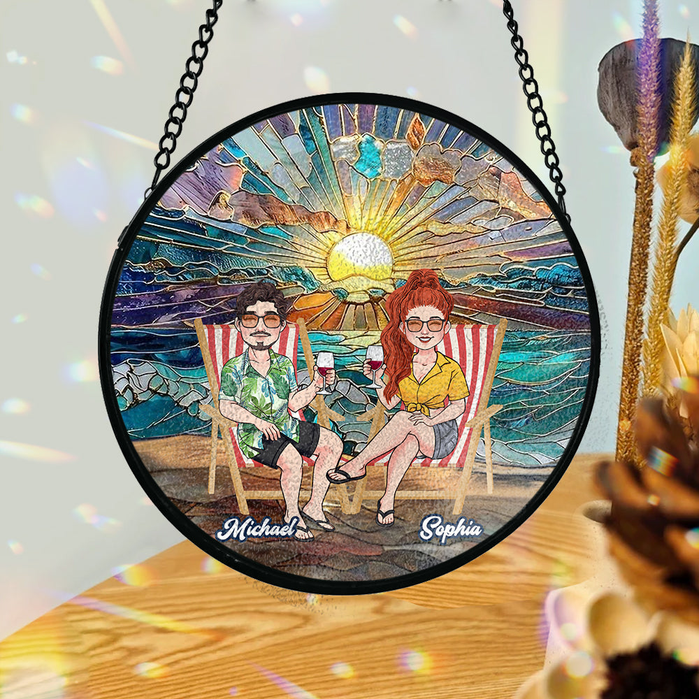 Happy Couple Enjoying Romantic Beach - Personalized Couple Stained Glass Suncatcher