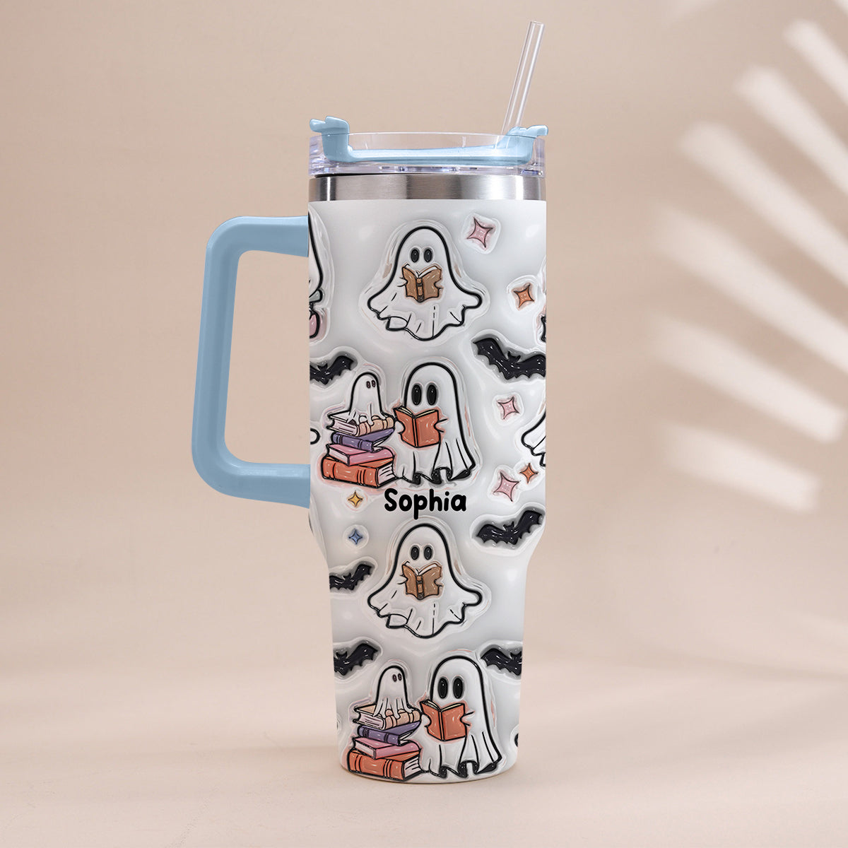 Cute Ghost Reading Booooks - Personalized Book Tumbler With Handle