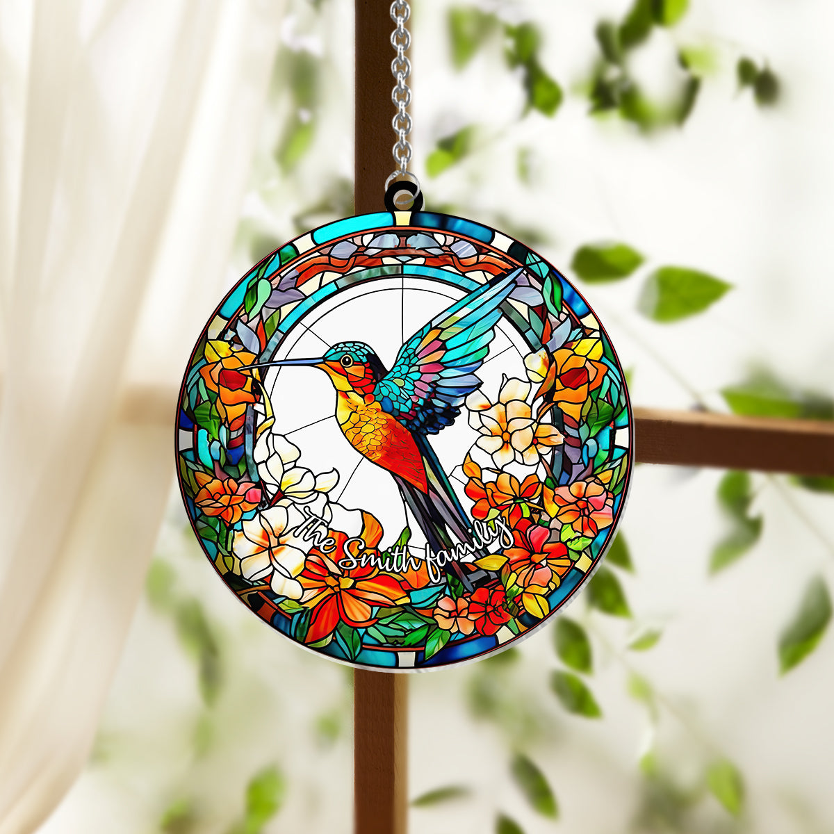Magnifique colibri entouré de fleurs - Décoration attrape-soleil personnalisée à suspendre à la fenêtre. 
