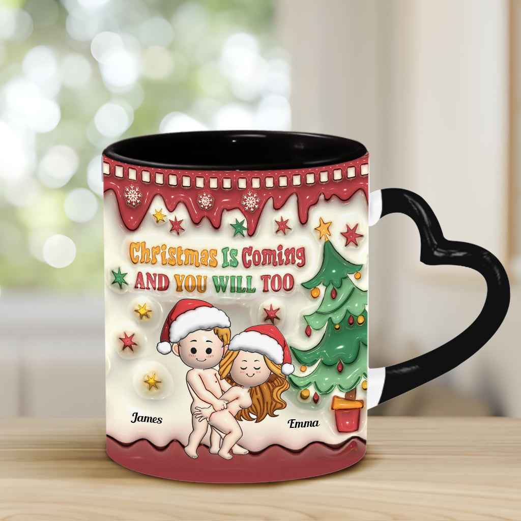 Christmas Is Coming - Personalized Couple Heart Handle Mug