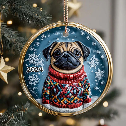 Joyeux Noël - Ornement rond en céramique personnalisé pour chien
