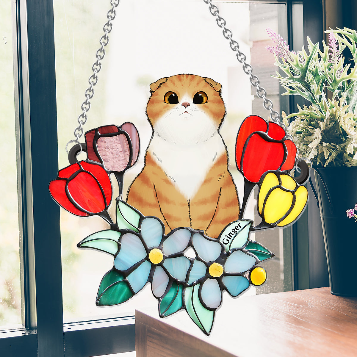 Cat Among Flowers - Personalized Cat Window Hanging Suncatcher Ornament