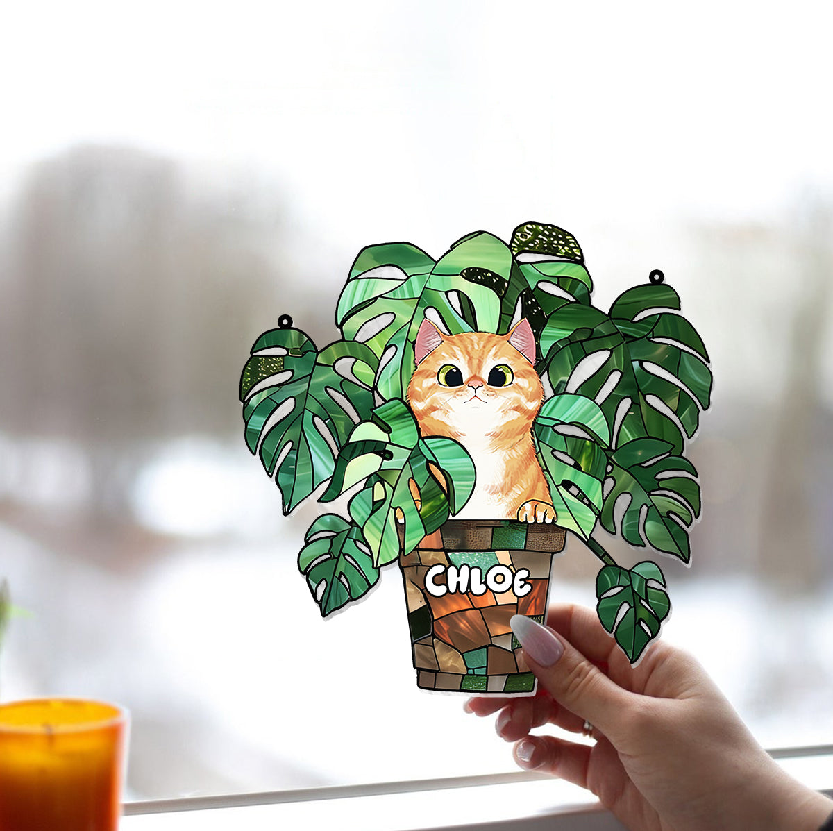 Peeking Cat And Monstera - Personalized Cat Window Hanging Suncatcher Ornament
