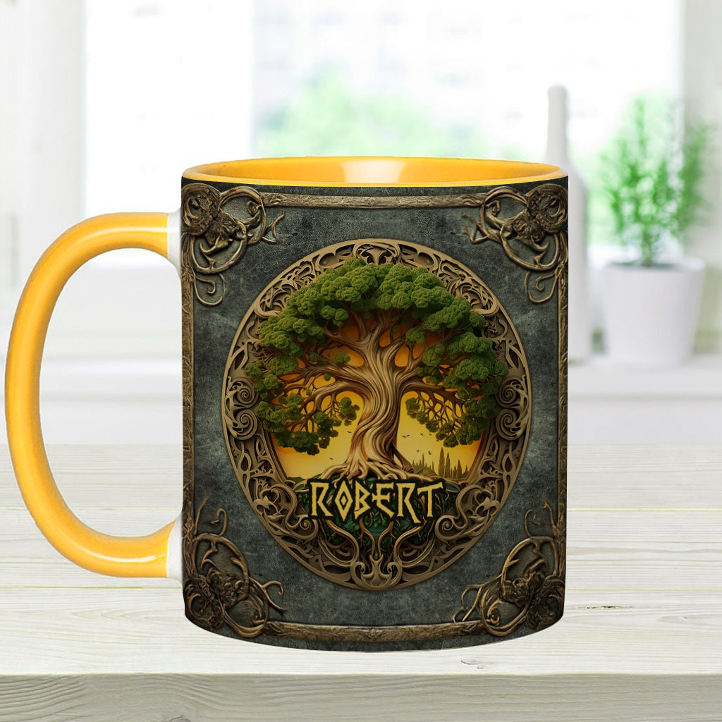 Lebensbaum-Motiv, skandinavische Mythologie, rustikaler Stil – personalisierte Tasse mit irischem Akzent