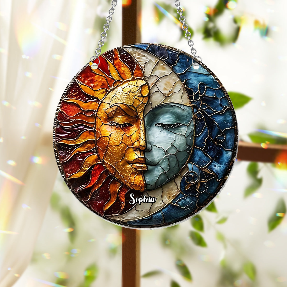 Live By The Sun Love By The Moon - Personalized Hippie Window Hanging Suncatcher Ornament