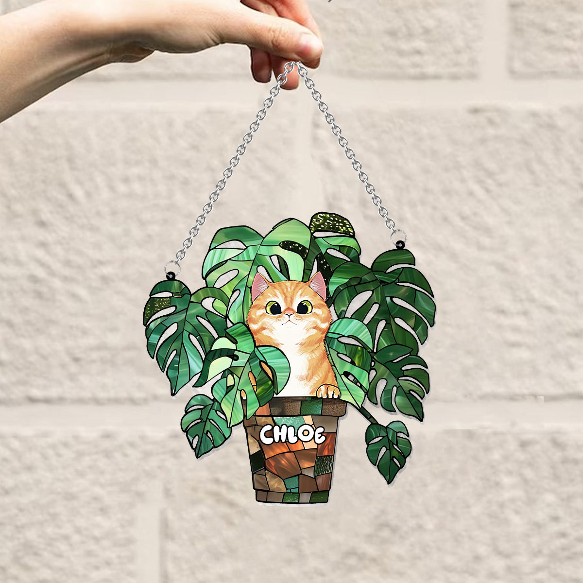 Peeking Cat And Monstera - Personalized Cat Window Hanging Suncatcher Ornament