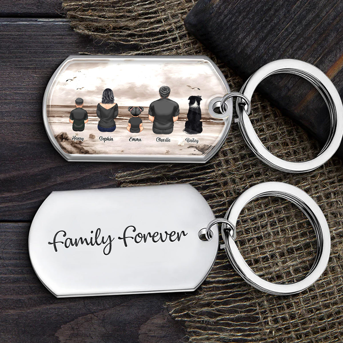 Family Sitting Back View Retro Vintage Beach Landscape - Personalized Family Epoxy Metal Keychain