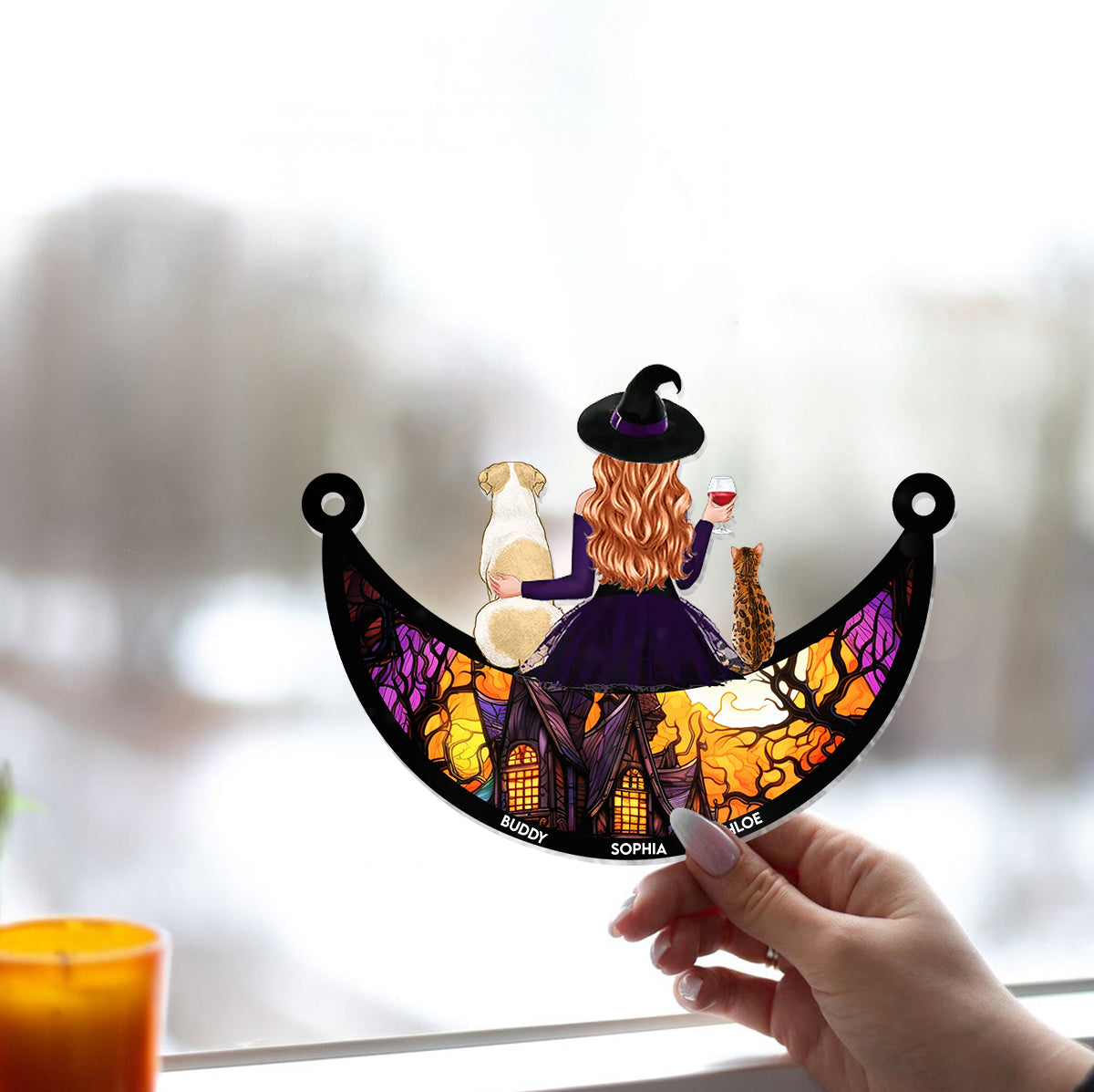 Wicked Witch And Little Monster - Personalized Dog Window Hanging Suncatcher Ornament