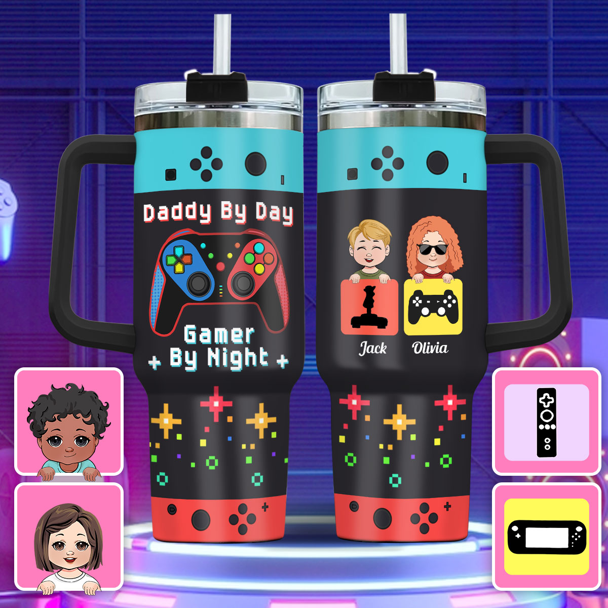 Daddy By Day Gamer By Night - Personalized Father Tumbler With Handle