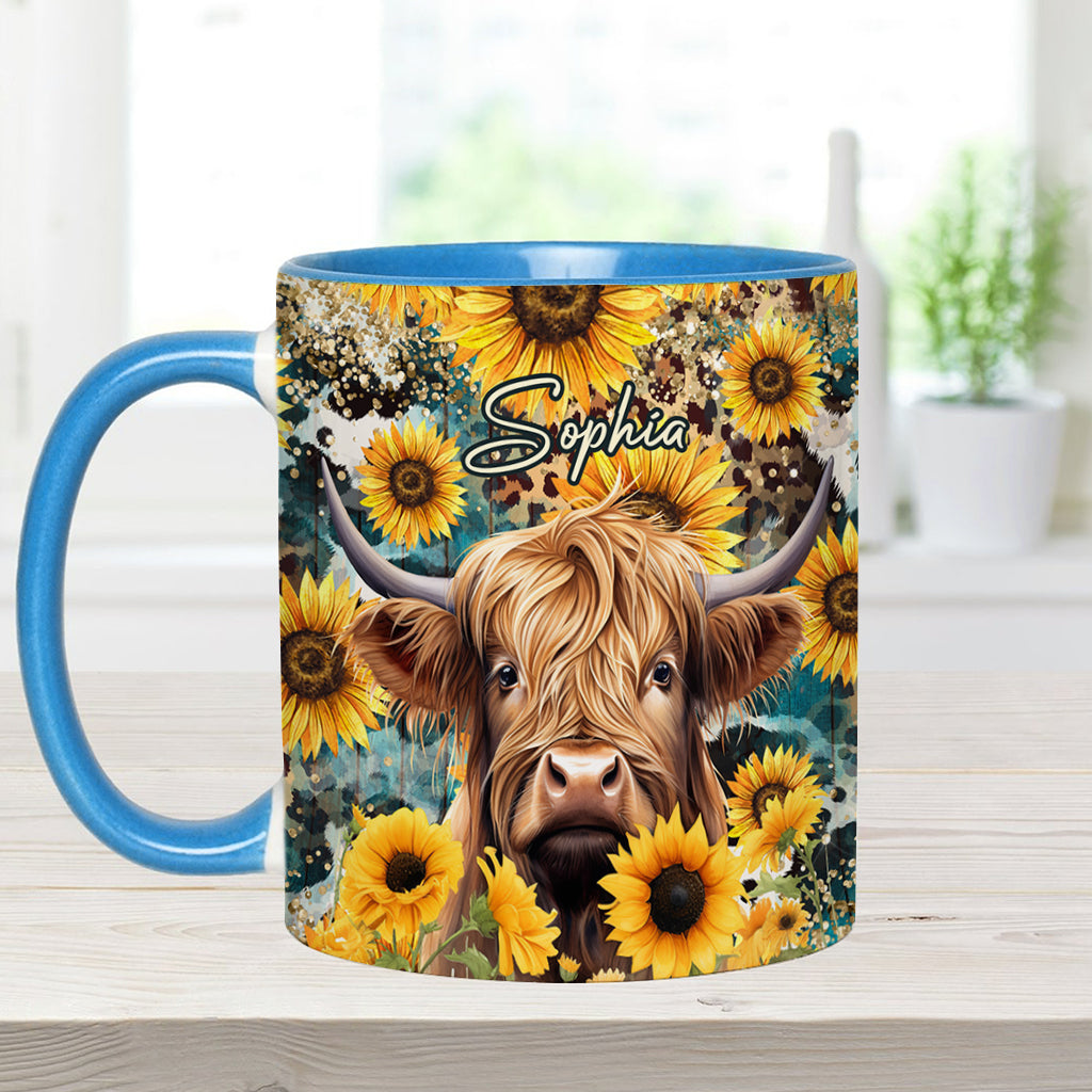 Highland Cow Among Sunflowers - Personalized Accent Mug