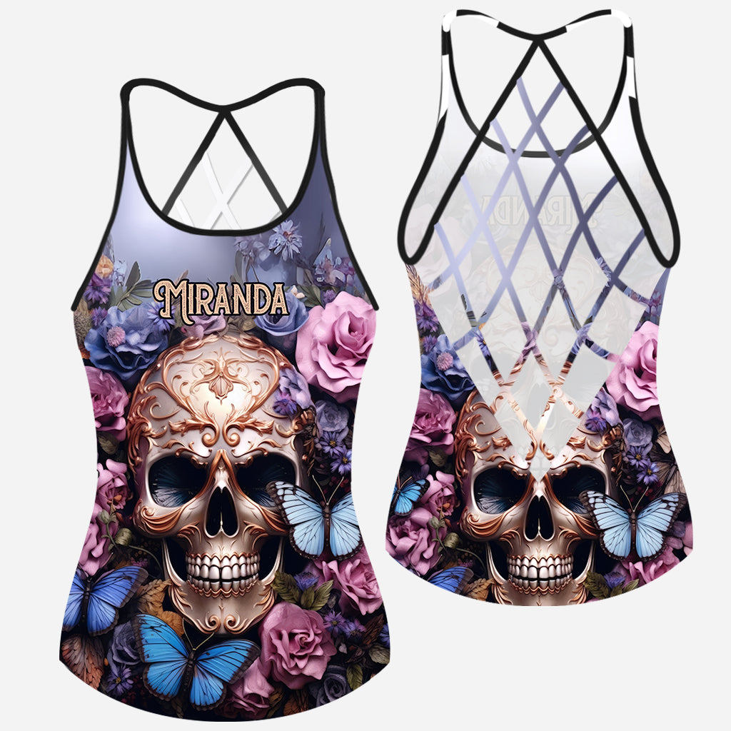 Beauty Of The Dark Skull Roses Butterflies - Personalized Skull Cross Tank Top