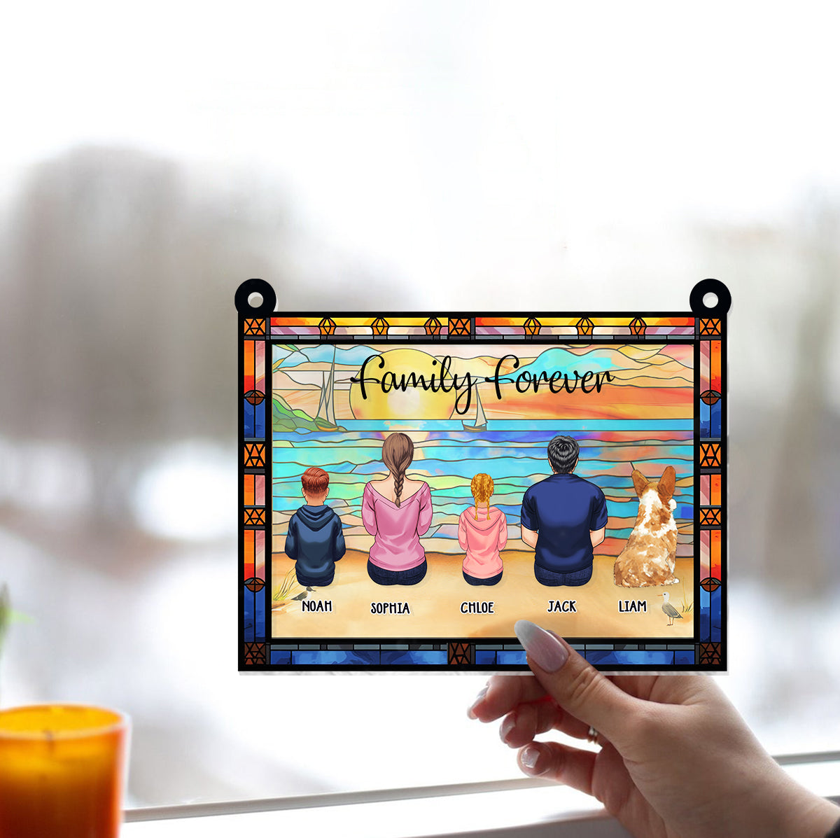 Family Sitting Back View Beautiful Ocean - Personalized Family Window Hanging Suncatcher Ornament