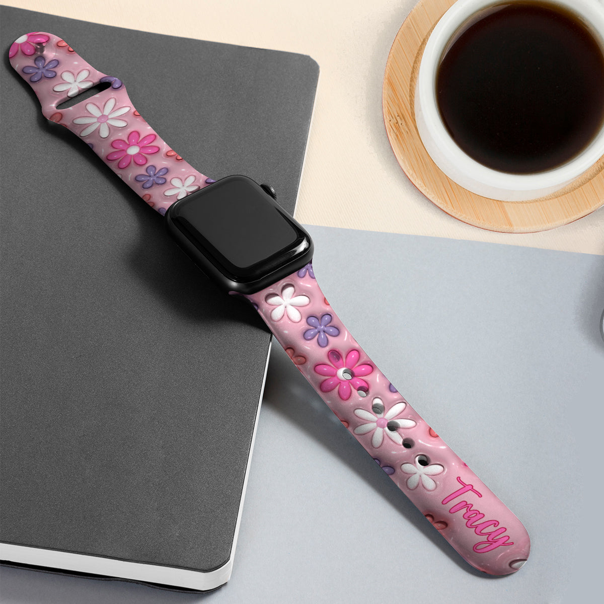 Bracelet Apple Watch rose fleuri et bouffant - Bracelet Apple Watch personnalisé