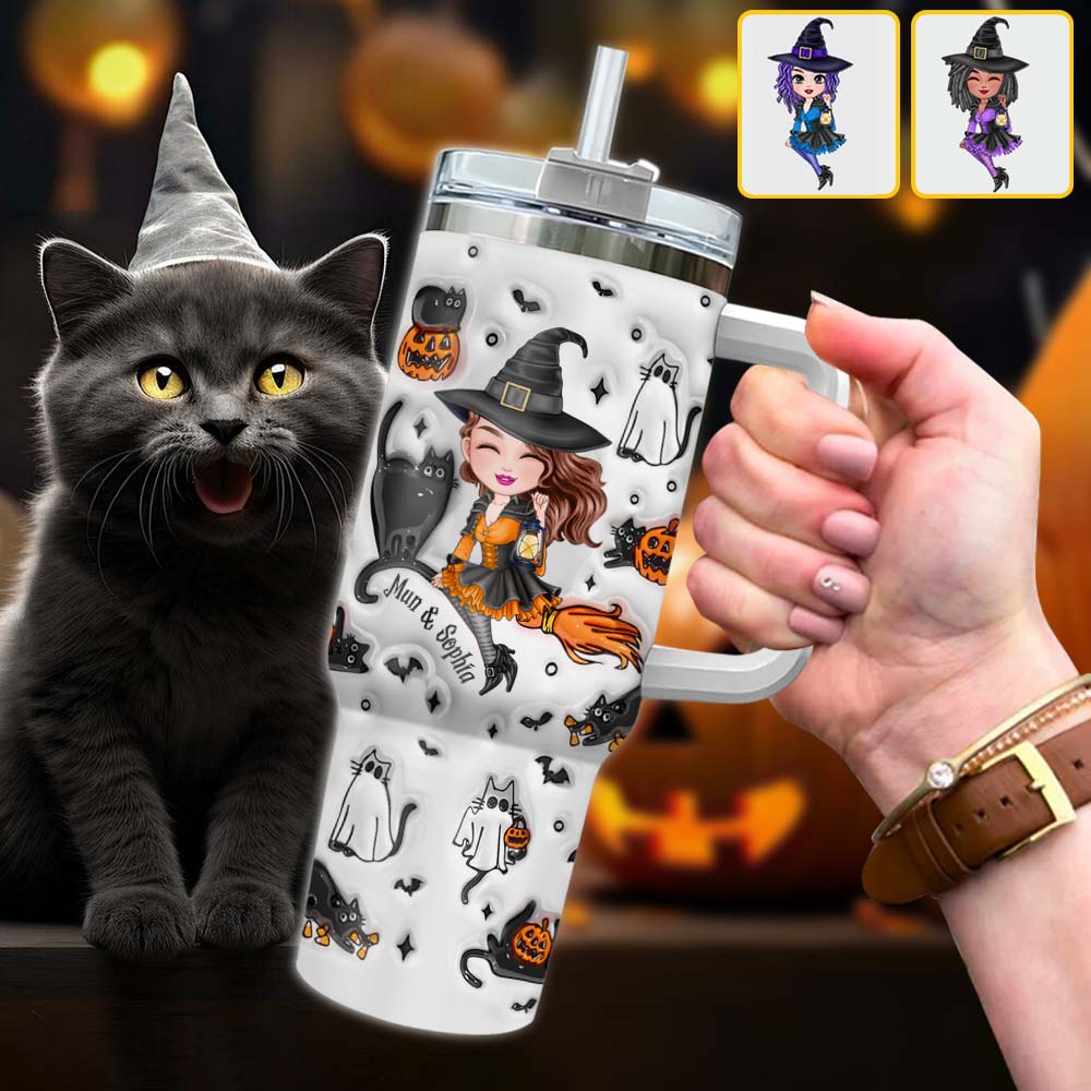 Cute Witch Halloween Ghost Boo Cat - Personalized Witch Tumbler With Handle