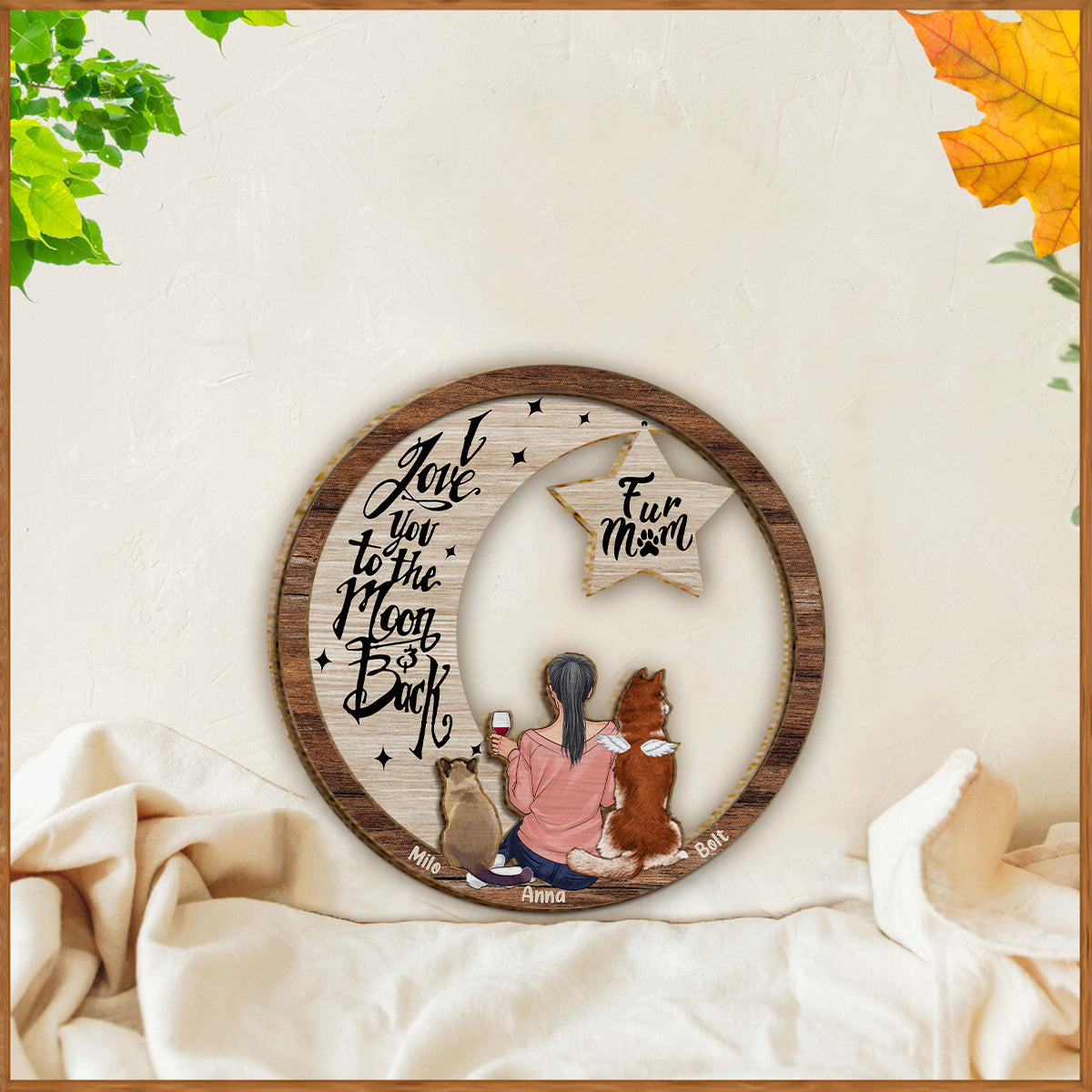 Ich vermisse dich, ich weiß, ich liebe dich bis zum Mond und zurück – Personalisiertes zweilagiges Holzschild mit Hundemotiv / Holzplakette