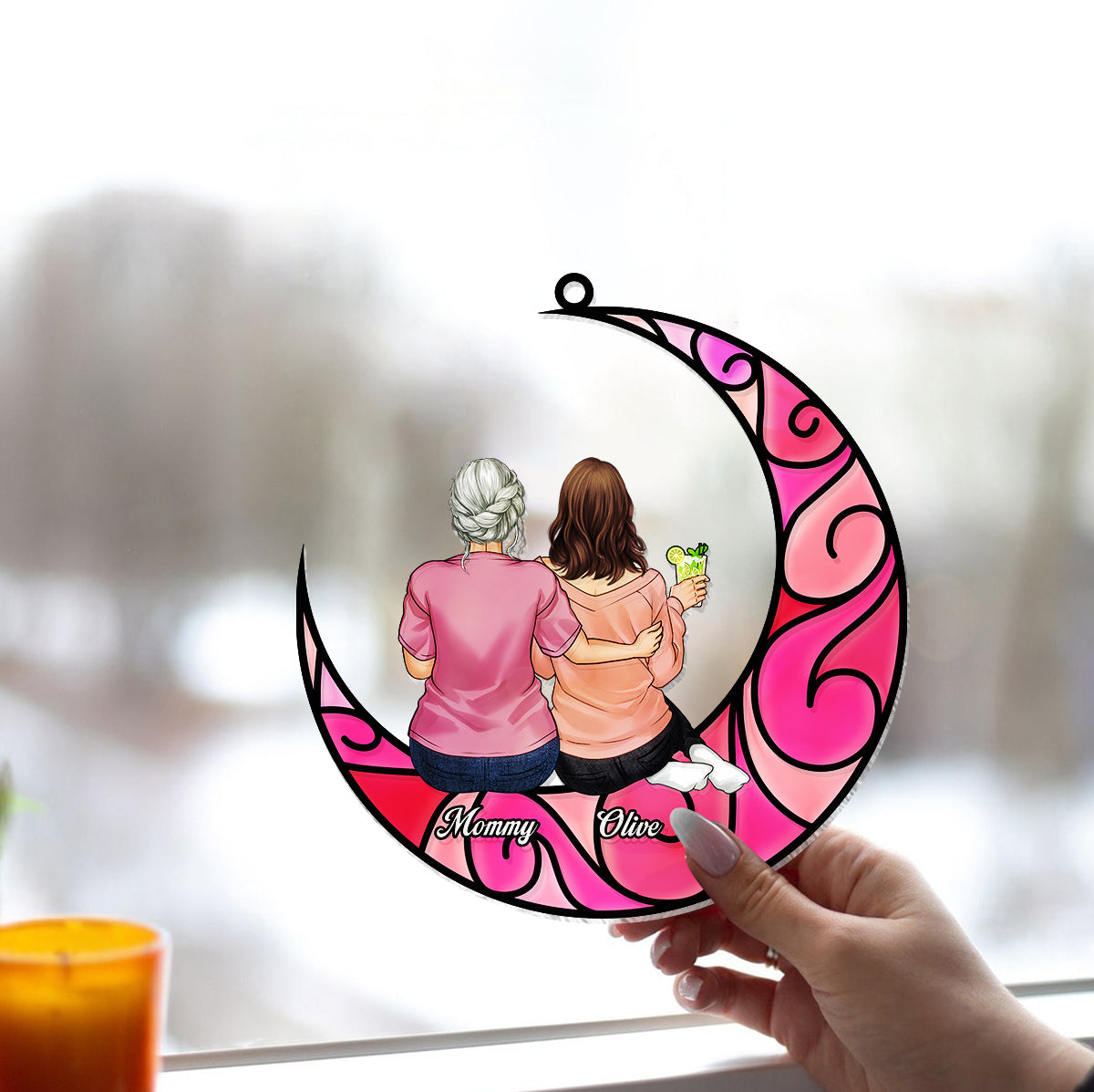 Mother And Children Sitting On The Moon - Personalized Mother Window Hanging Suncatcher Ornament