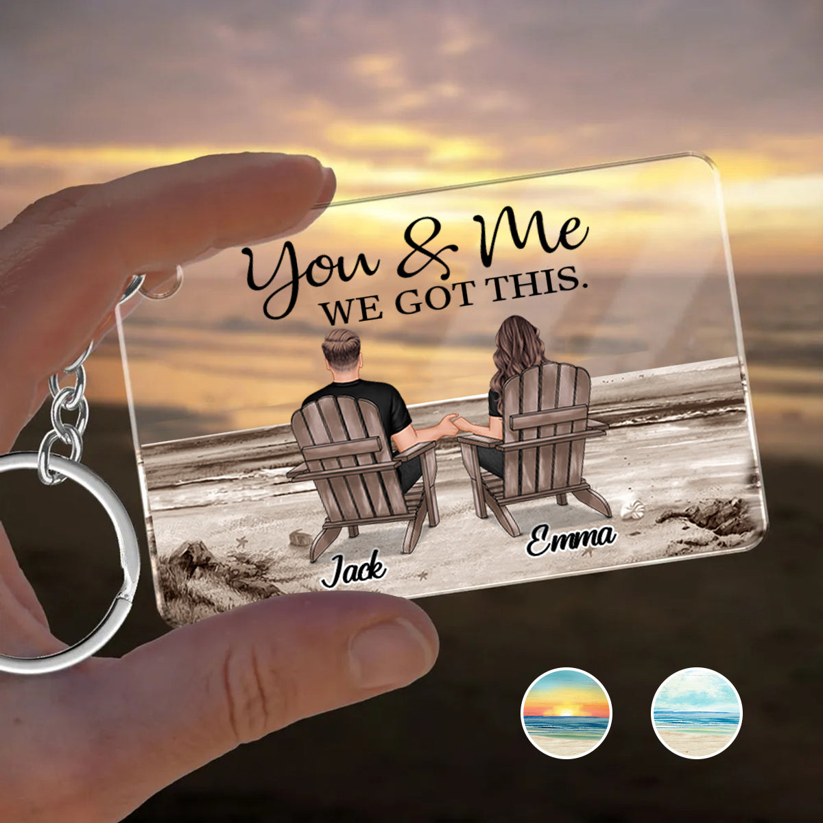 Couple Sitting Back View Retro Vintage Beach Landscape - Personalized Couple Transparent Keychain